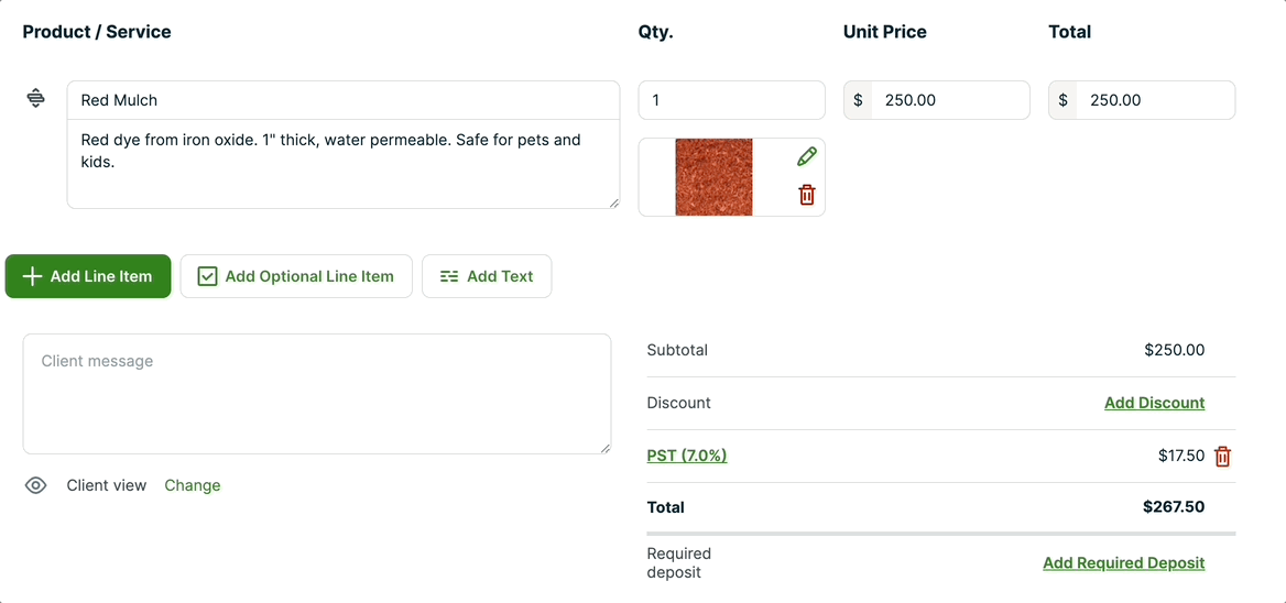 rewrite button being used on the line item description section of a quote