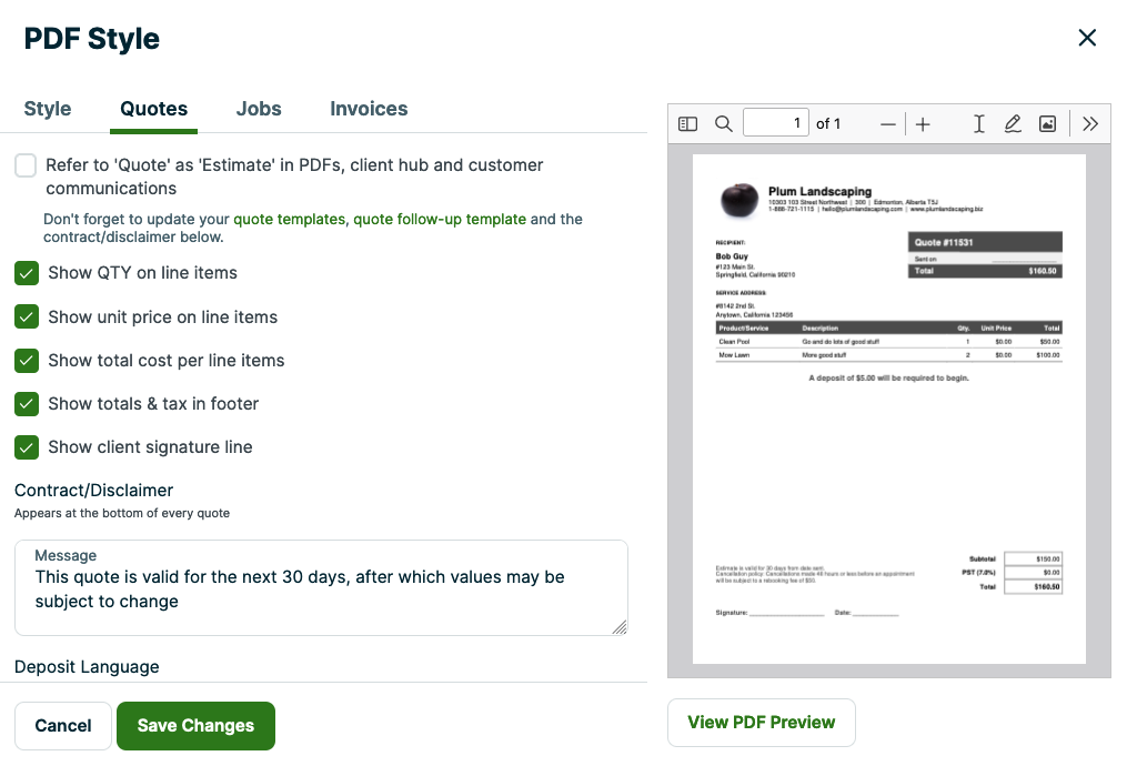 quote settings in PDF style editor
