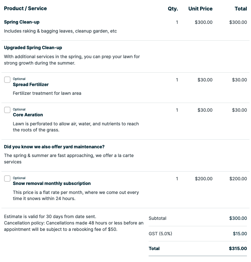 example of a quote that offers optional add-ons