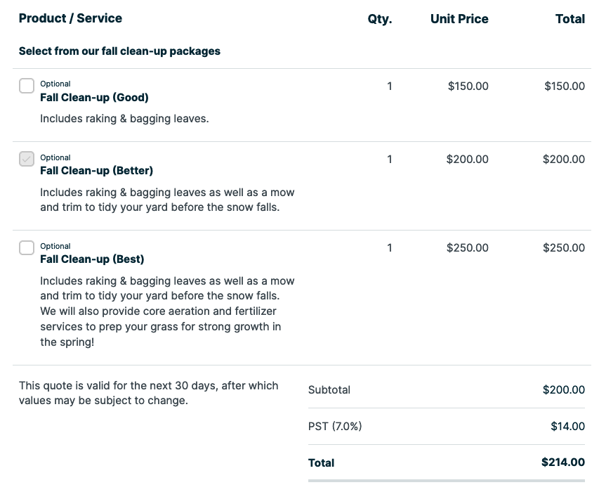 example of a quote that offers packages