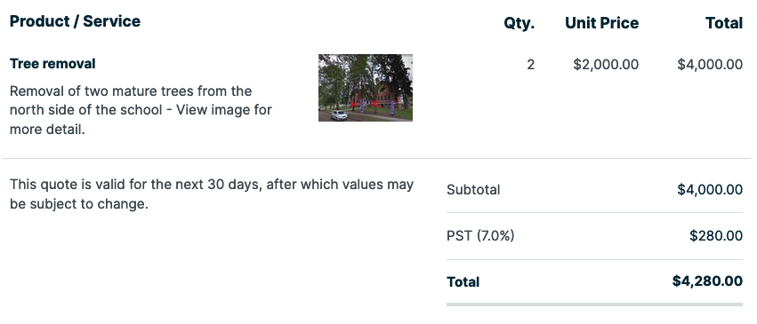 line item with an image thumbnail showing trees with notes about which to cut down