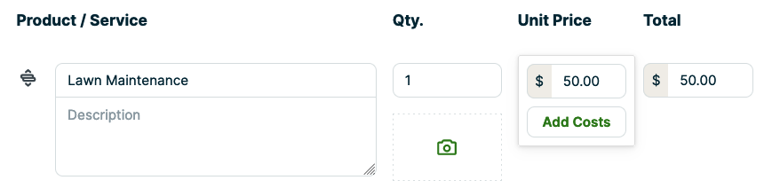 Quote creation screen with add costs visible from the unit price field.