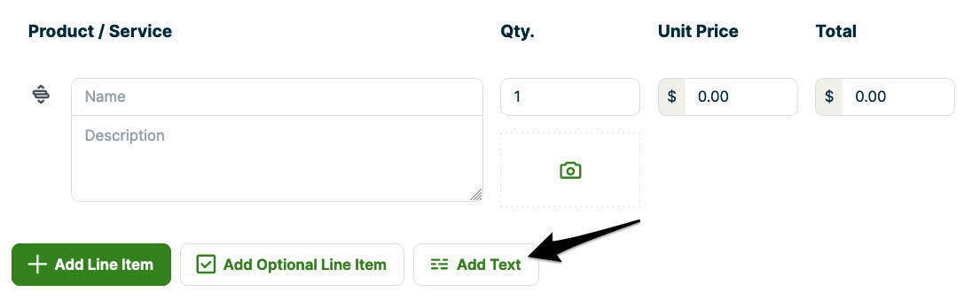 arrow from the edit screen of a quote pointing to add text button