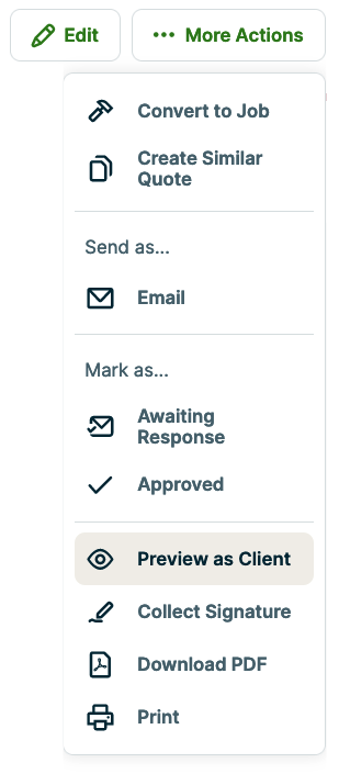 More actions menu with preview as client highlighted