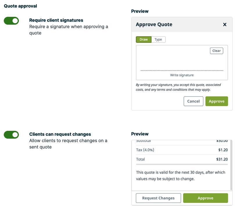options in client hub for quote settings in client hub