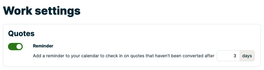 Quote section of the work settings page