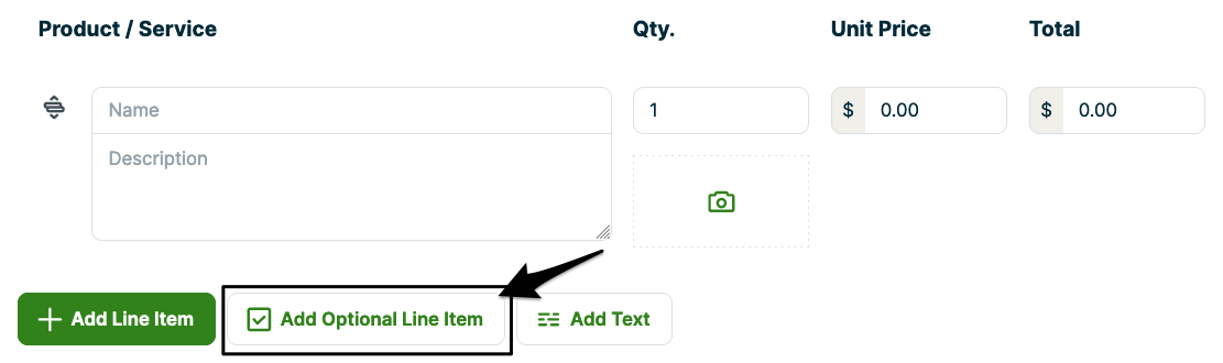 arrow pointing to the button to add an optional line item to this quote