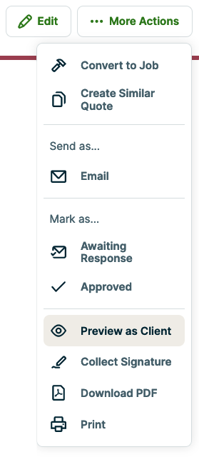More actions menu with preview as client highlighted