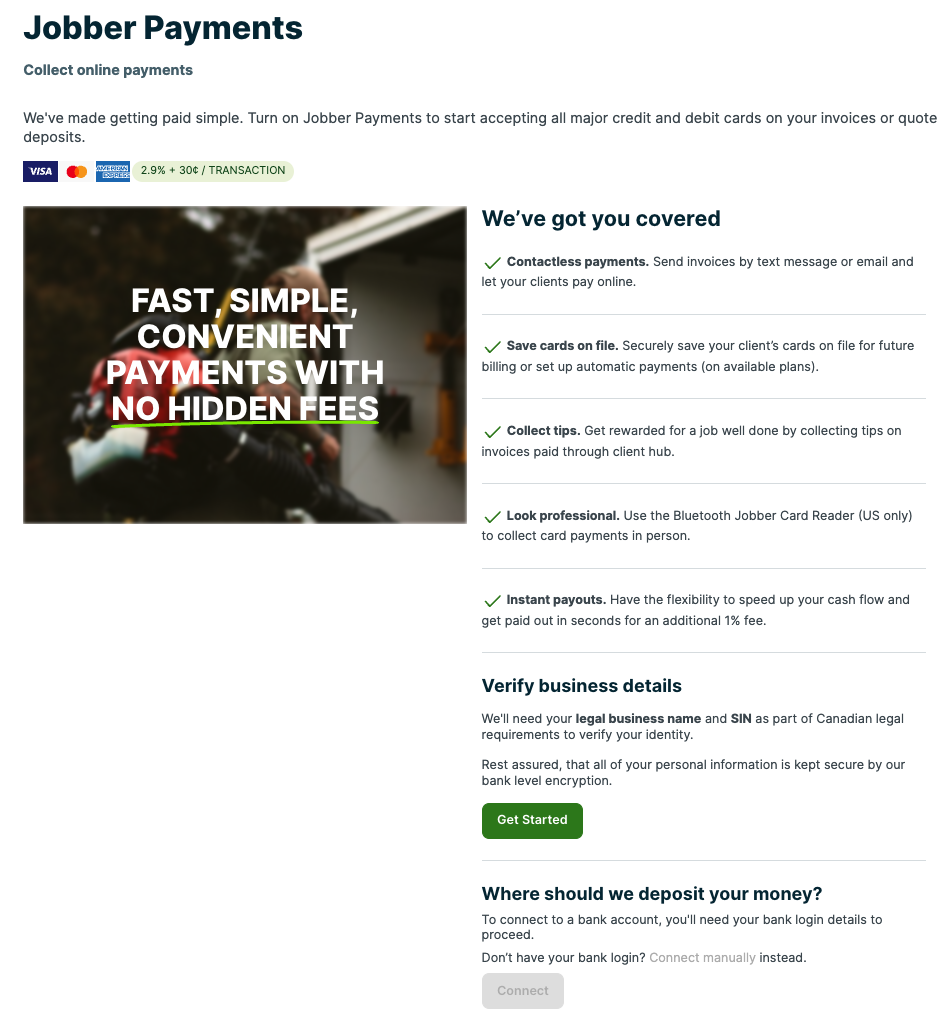 Jobber Payments page in settings with options to verify business details and set up a bank account