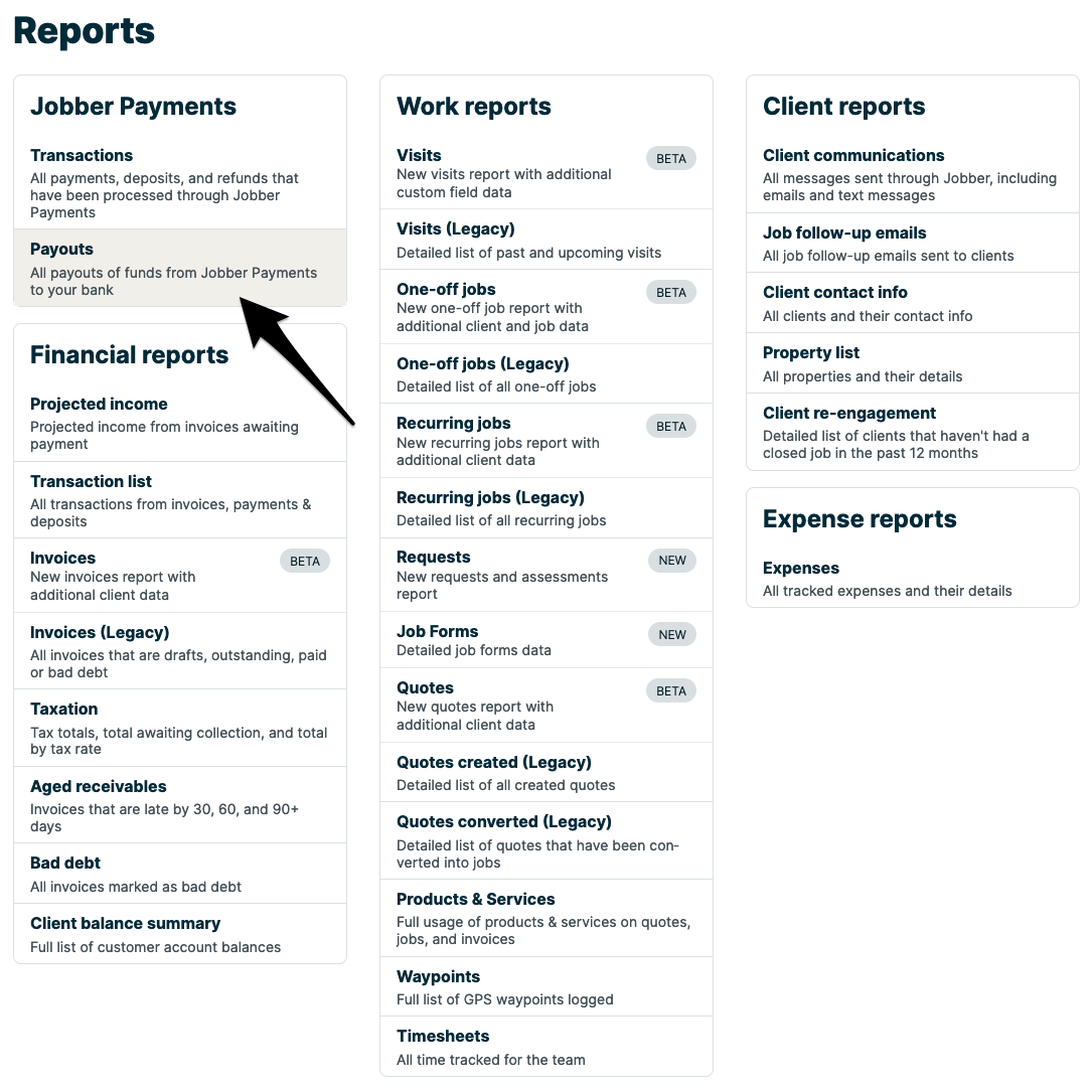 Reports page with an arrow pointing at the Payouts report