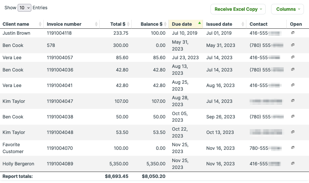 projected income report with the column for due date highlighted