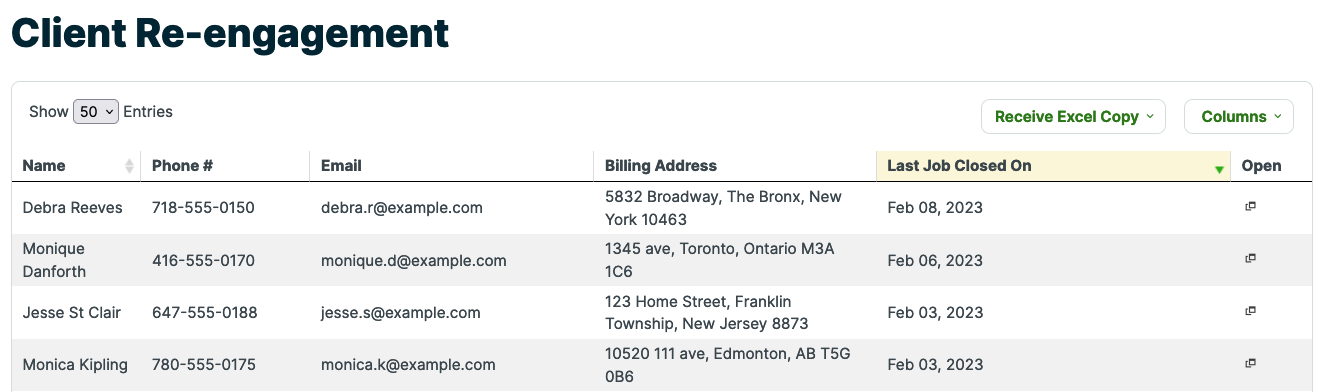 Client re-engagement report with the column for last job closed on highlighted
