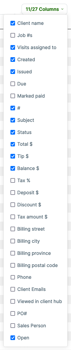invoices report columns