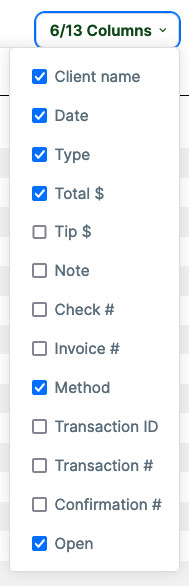 transaction list column options