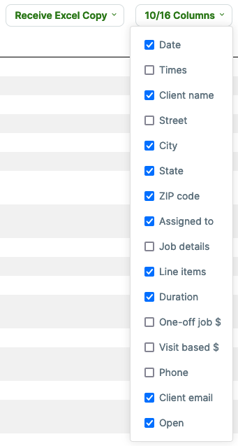 columns options from the report