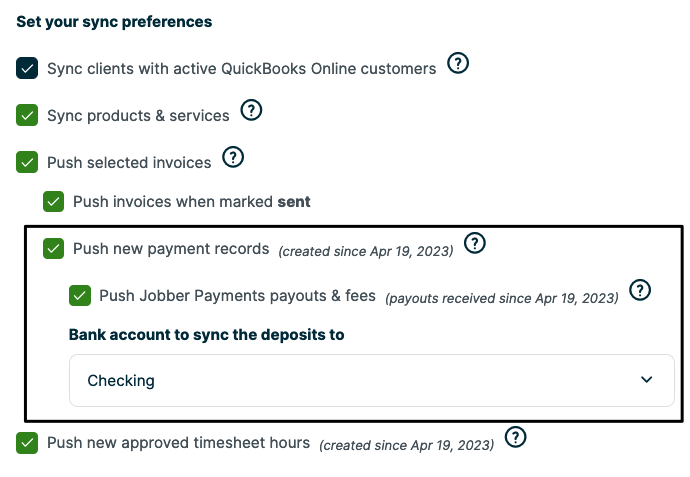 Sync preferences with the Push new payment records and push Jobber Payments payouts & fees toggles highlighted