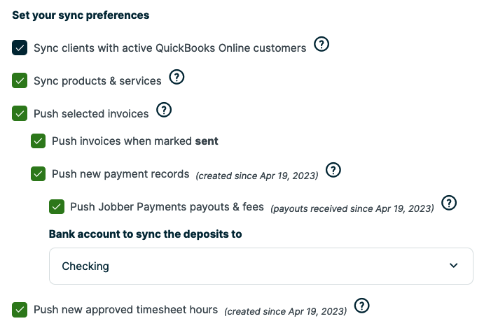 Checkboxes to select the items to be synced to QBO