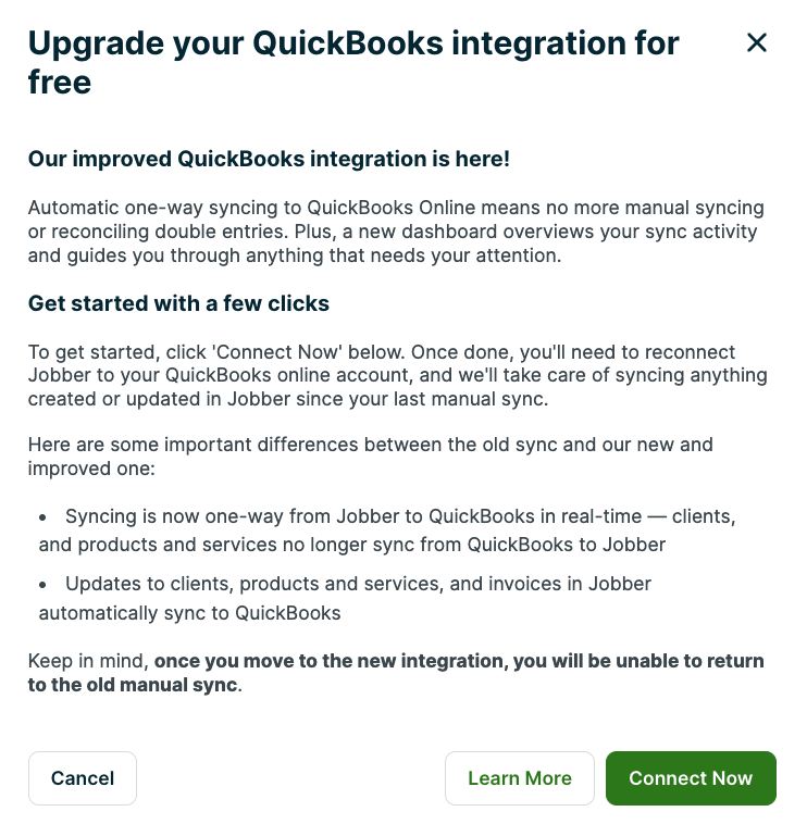 Connect Now window reviewing some of the changes in the new QuickBooks integration