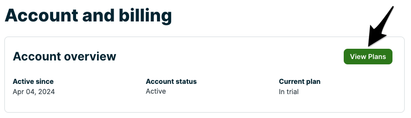 Account and Billing page with an arrow pointing to View Plans button