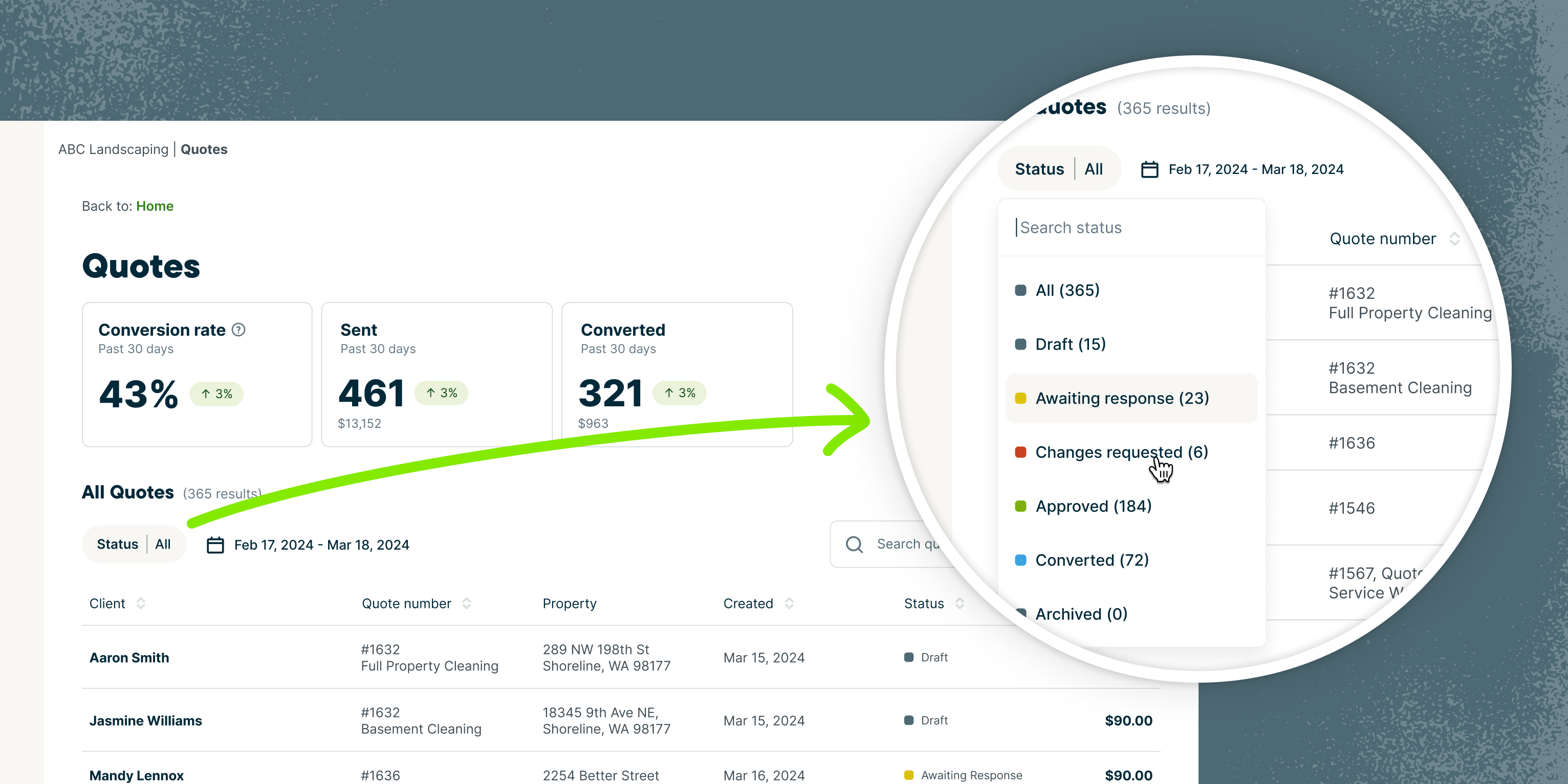 Quotes list page showing item statuses on the right side