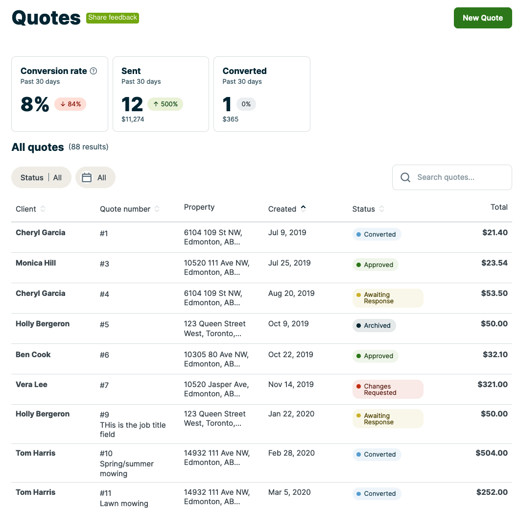 the quotes page showing a list of quotes