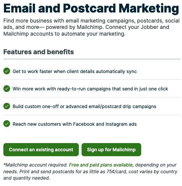 Mailchimp settings in Jobber. There are buttons to connect an existing Mailchimp account and to create a new account