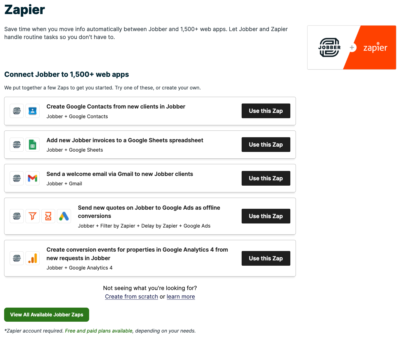 list of suggested zaps with Jobber and other apps