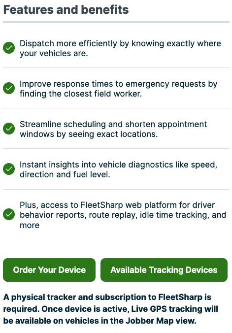 Fleetsharp settings page in Jobber. There are options to order a device and to view available tracking devices