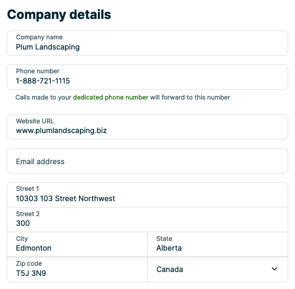 The company details section of company settings