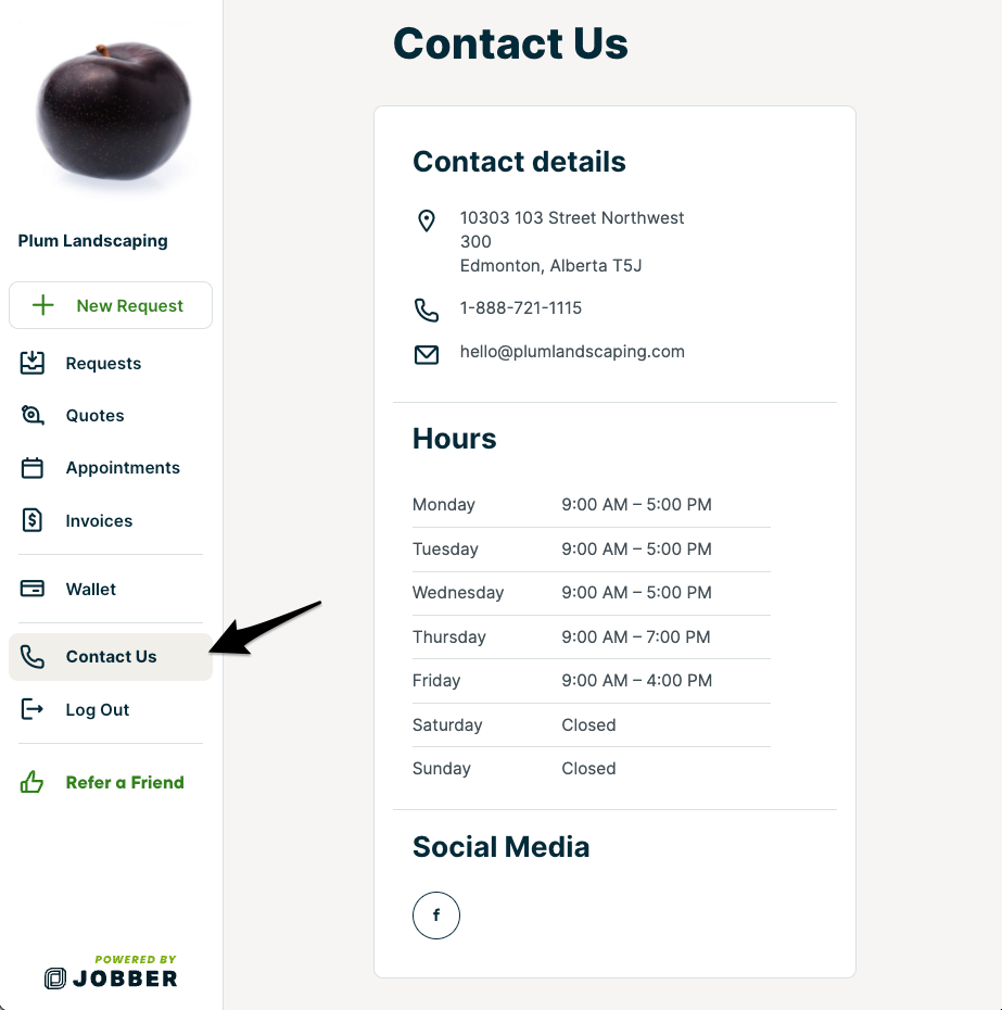 the contact us page from client hub displaying contact information and business hours