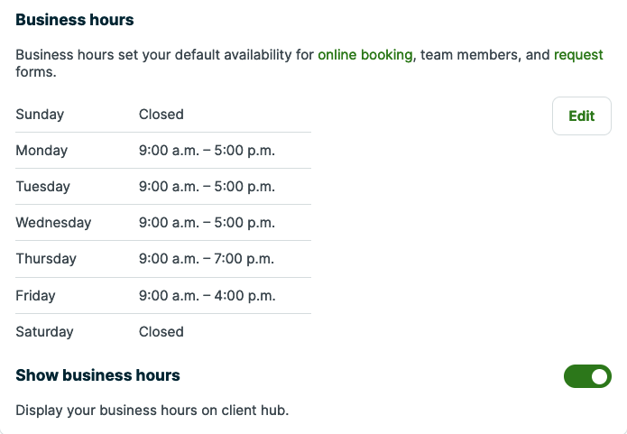 business hours settings
