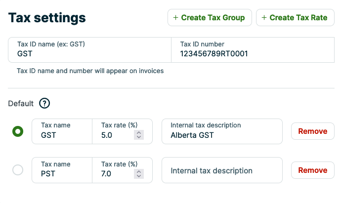the tax settings section of company settings