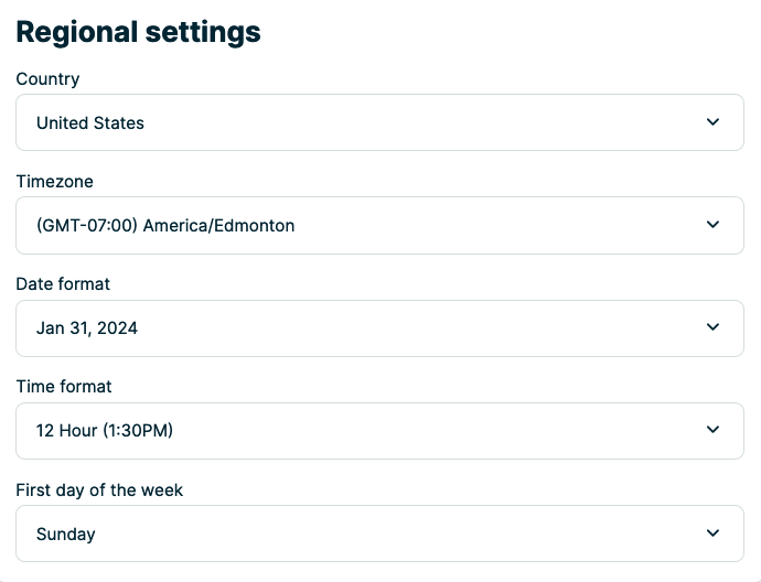 The regional settings section of the company settings page
