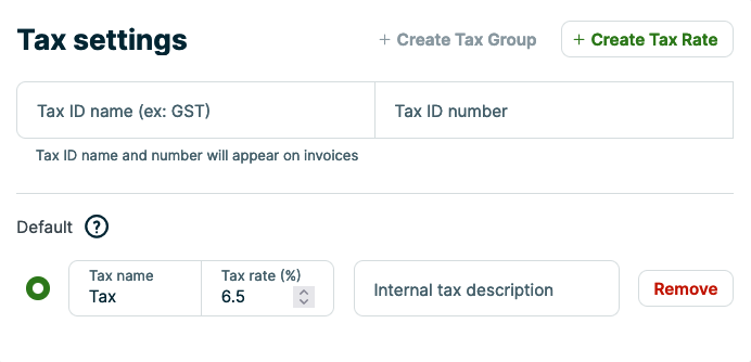 Tax settings section of company settings