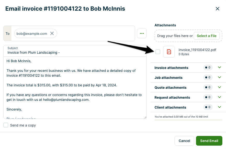 Email compose box with an arrow towards the PDF attachment
