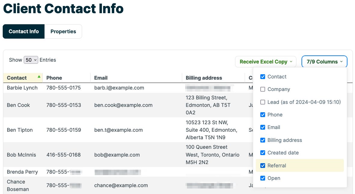client contact info report showing column options where custom fields are listed