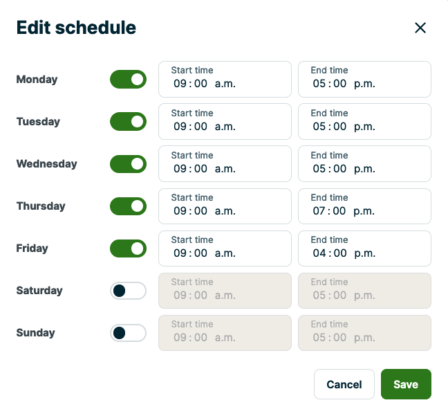 Edit business hours screen