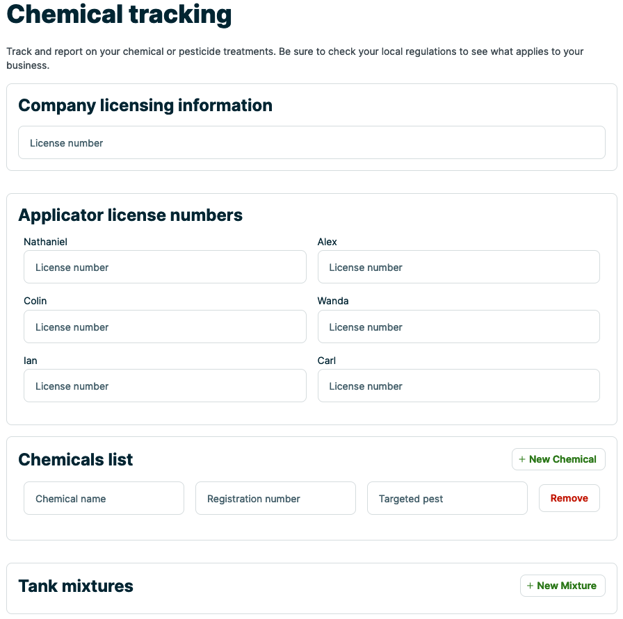 chemical tracking settings