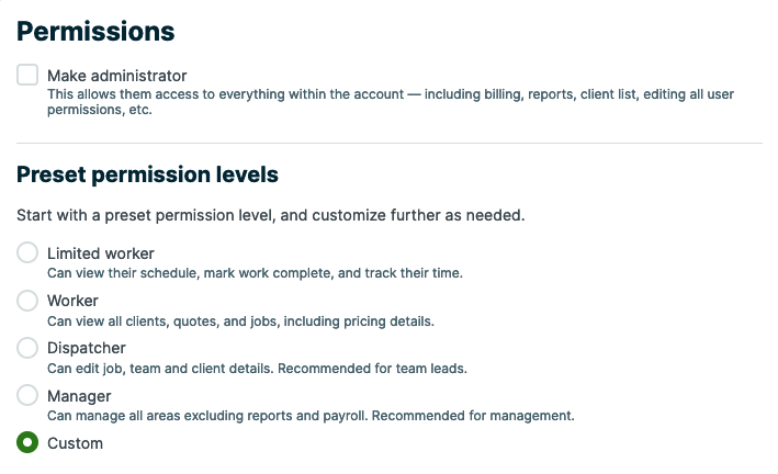 Preset permission levels and an option for custom