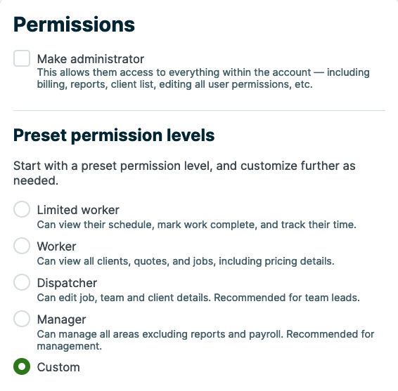 Preset permission levels with custom selected