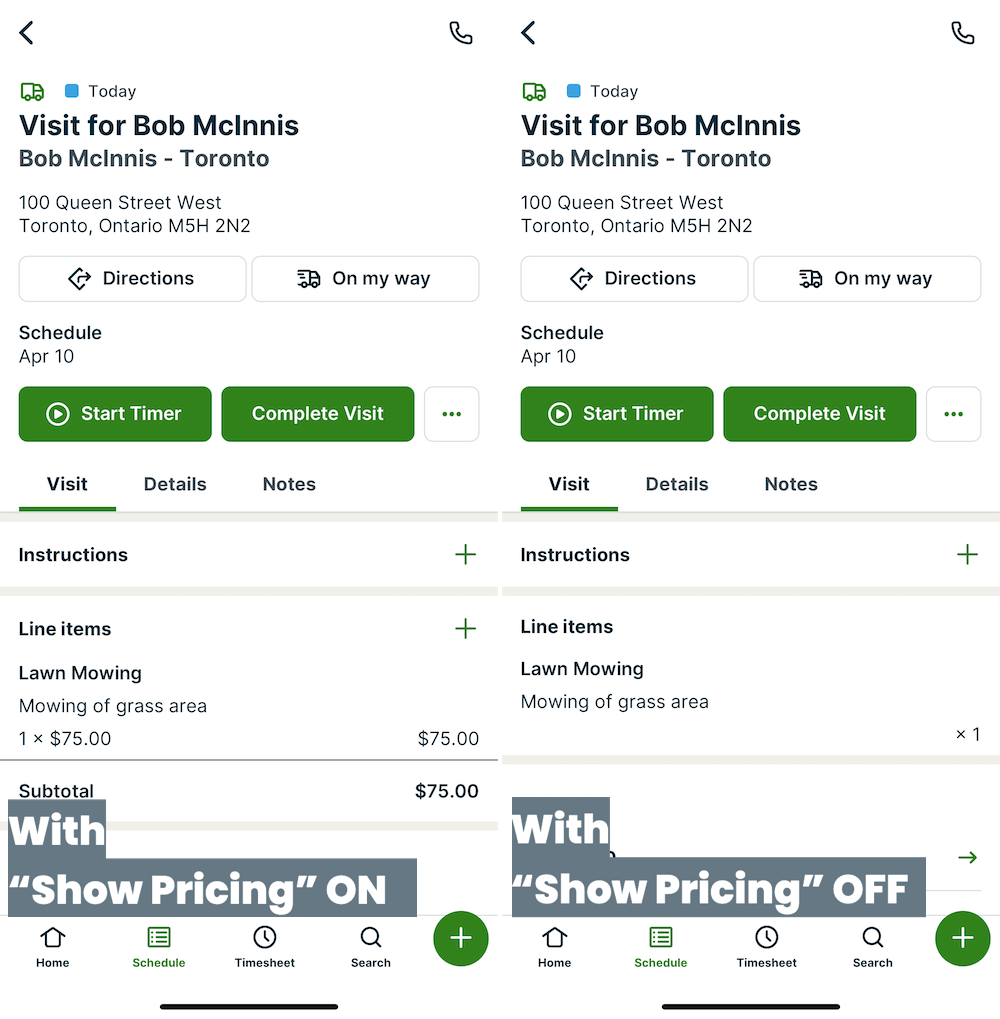 Comparing a job visit in the app when the permission for show pricing is on or off