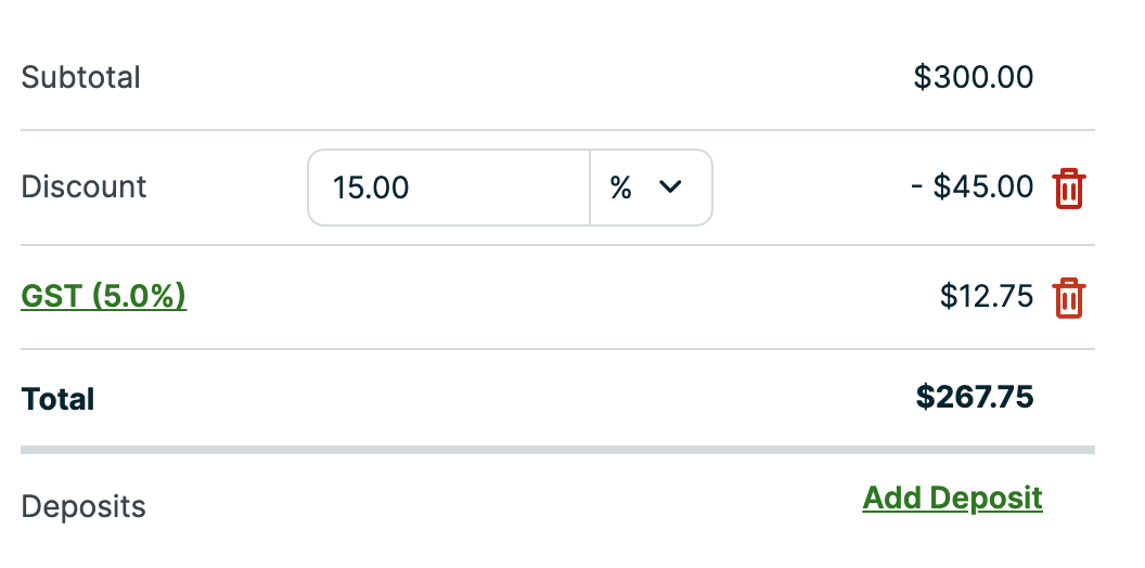 Invoice subtotal of $300, with a 15% global discount and 5% tax rate. The invoice total is $267.75 after the discount and taxes.