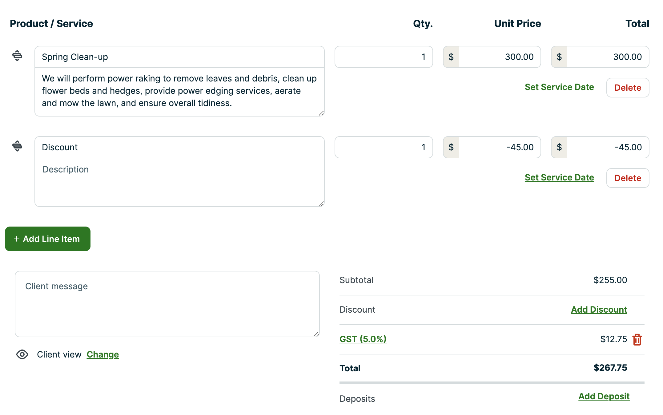 Invoice line items including a $300 line item for spring cleaning and a negative line item of -$45. The invoice total is $267.75 with the negative line item discount.