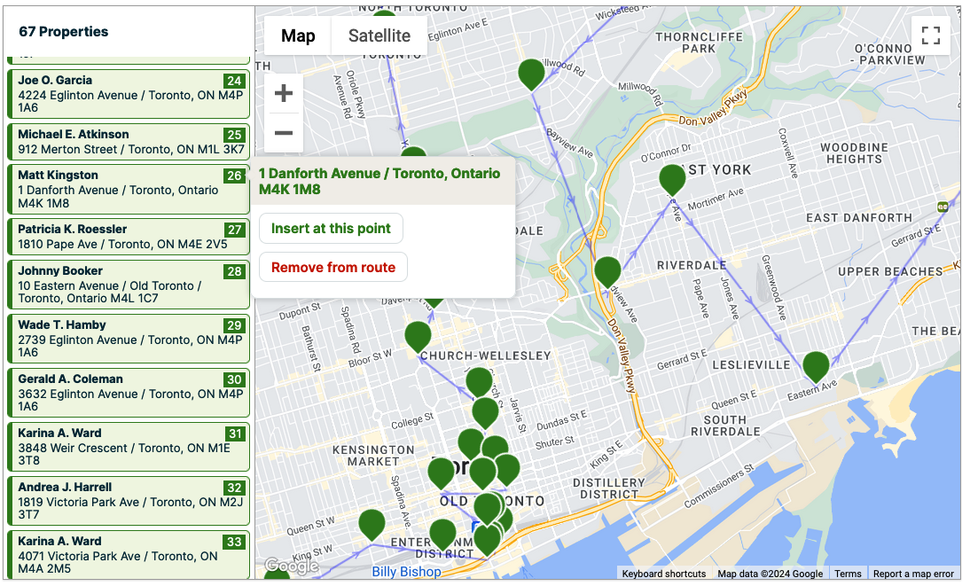 property highlighted with a popup with buttons to insert at this point and remove from route