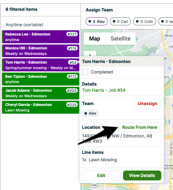 pop-up from a property on the map view of the calendar with an option to route from here