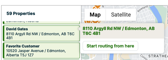 client's property highlighted with an option to start routing from there