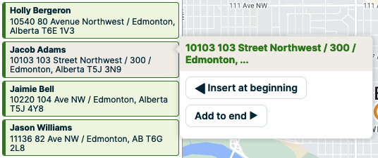 popup with buttons to insert at this point or remove from route