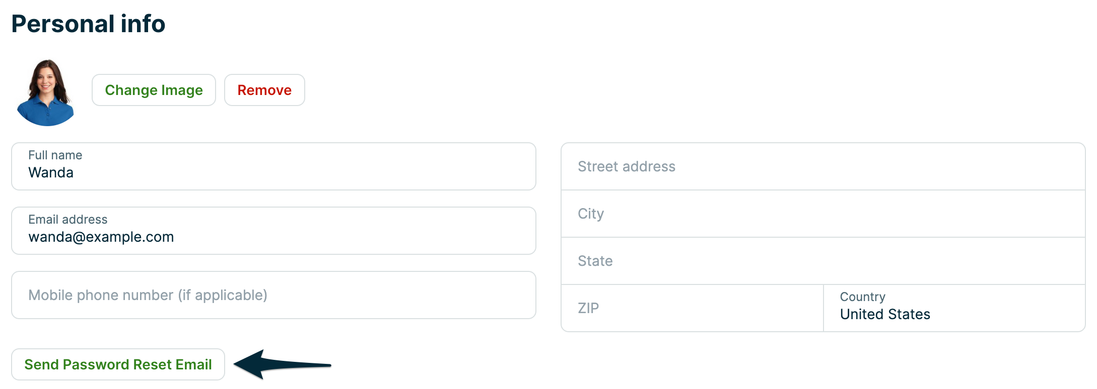 Manage team settings for a user showing their personal info and a button to send password reset email