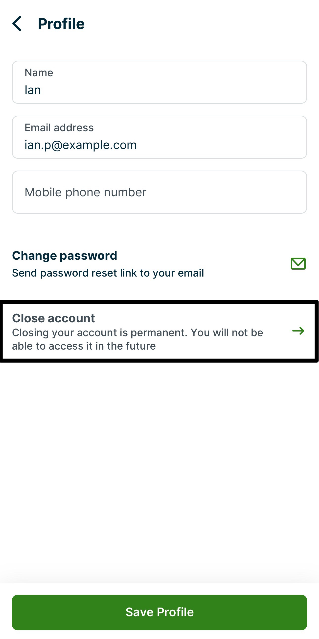 Profile page in the app with the Close Account action highlighted