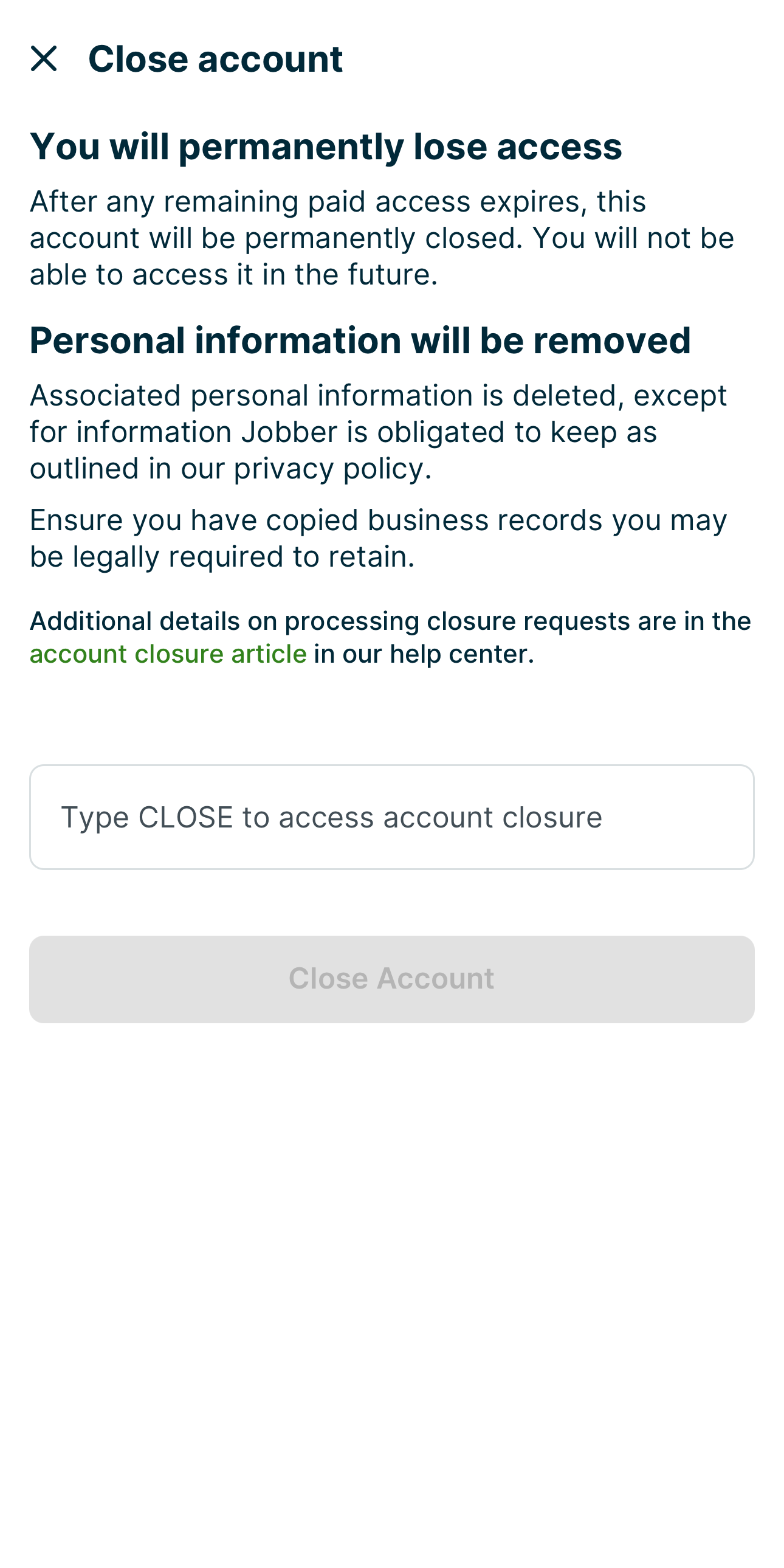 Close account window